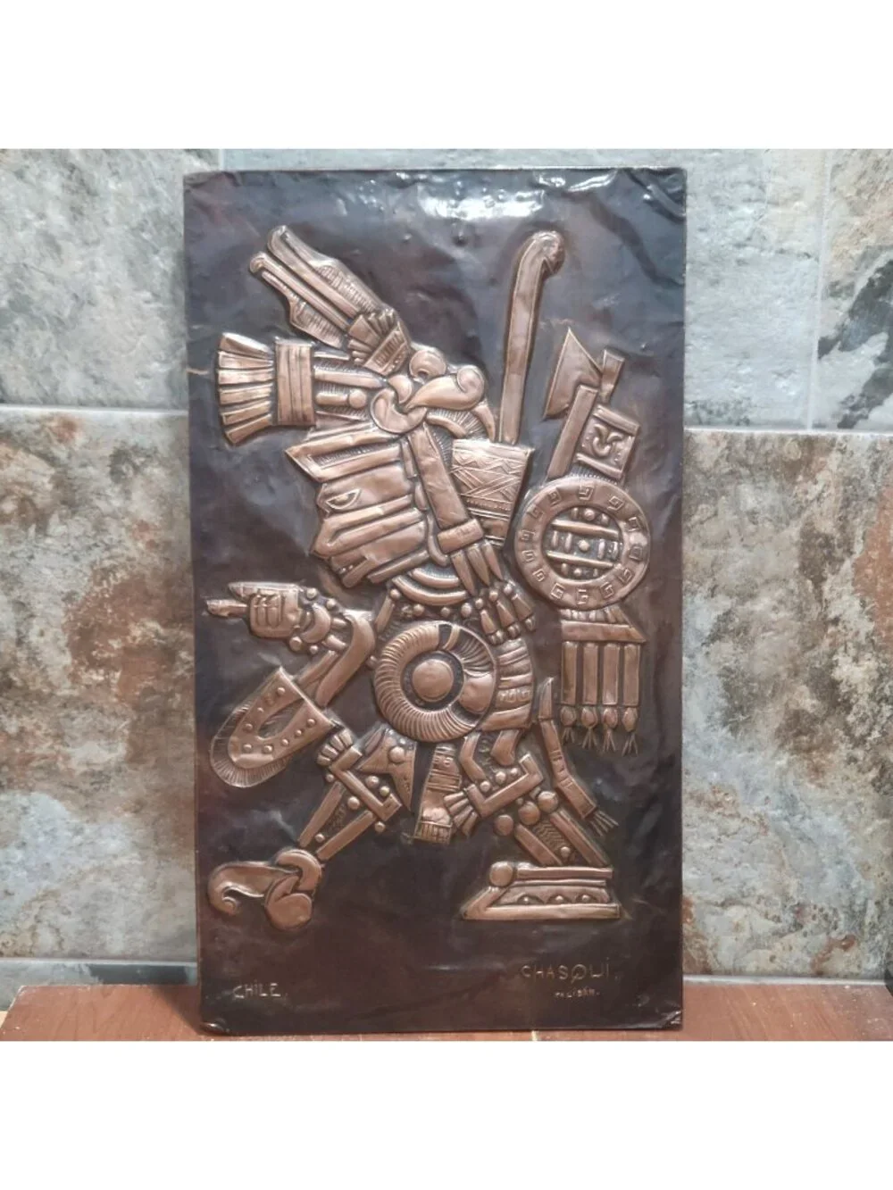 VTG Aztec Copper Relief Wall Plaque Tezcatlipoca Caliban Chile Chasqui Art